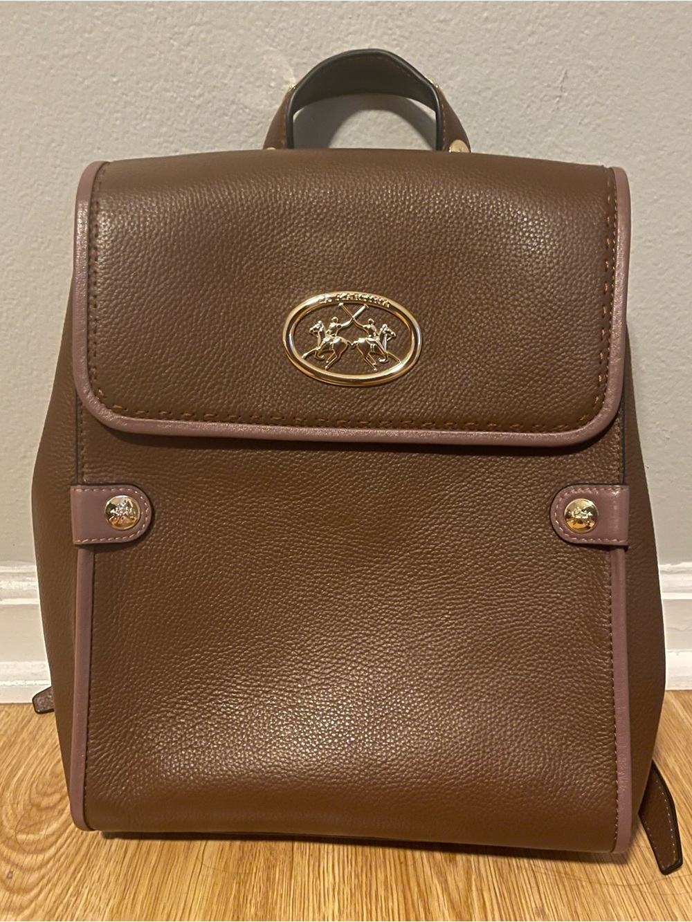 Brown Backpack with Pink Trim and Gold Accent - Women's Backpack